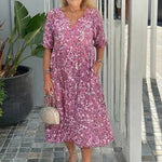 Women's Crushed Flower Printing V-Neck Medium and Long Dress Short Sleeve Dress
