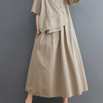 Loose Short Sleeves Pleated Solid Color Split-Joint V-Neck Midi Dresses