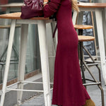 Column Ribbed Maxi Dress with Crew Neck in Burgundy