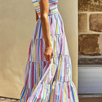 Multicolour Striped Print Smocked Lace Up Maxi Dress