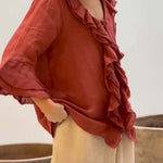 Women's casual ruffle collar cotton and linen tops