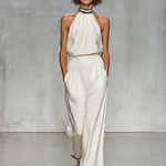 Women's Minimalist Linen Blend Halter Neck Blouse And Wide-leg Pants Set