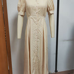 Puff Sleeves Short Sleeves Buttoned Solid Color Round-Neck Midi Dresses Shirt Dress