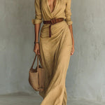 City Sleek Single Breasted Long Sleeve Warp Slit Shirt Maxi Dress