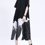 Loose Short Sleeves Contrast Color Drawstring Printed Tied Waist Lapel Midi Dresses Shirt Dress
