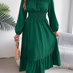 A-Line Elasticated Waist Pleated Solid Color Round-Neck Maxi Dresses