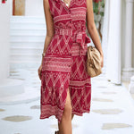 Sleeveless Buttoned Printed Tied Waist Lapel Collar Midi Dresses