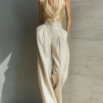 Women's Champagne Satin Sleeveless Blouse & Beige Cotton And Linen Blend High-Waisted Pants Set