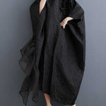 Batwing Sleeves Loose Asymmetric Flower Shape Gauze Jacquard Pleated Solid Color Split-Joint Round-Neck Midi Dresses