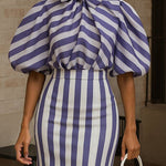 Puff Sleeves Bowknot Pleated Split-Joint Striped High Neck Blouses&Shirts Tops