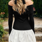 High Waisted Long Sleeves Contrast Color Pleated Split-Joint Off-The-Shoulder Mini Dresses