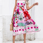 High Waisted Sleeveless Pleated Printed Split-Joint Collarless Midi Dresses Slip Dress