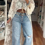 Tanya Lace Pattern Mock Neck Balloon Sleeve High Low Maxi Top