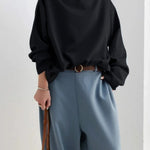 Long Sleeves Loose Solid Color High-neck Sweatershirt