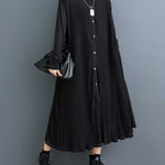 A-Line Long Sleeves Buttoned Pleated Pockets Split-Joint Lapel Midi Dresses Shirt Dress
