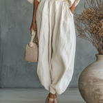 Women's Off-white Linen Off-shoulder Loose Casual Top And Tapered Pants Set