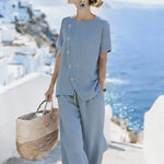 Women'S Casual Solid Color Cotton And Linen Two-Piece Set