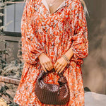 Orange Floral Print Split V Neck Bubble Sleeve Plus Size Midi Dress