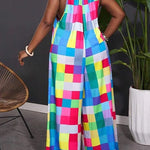 Loose Sleeveless Contrast Color Plaid Pleated Halter-Neck Jumpsuits