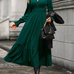 A-Line Flared Sleeves Elasticity Pleated Solid Color V-Neck Midi Dresses