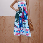 A-Line High Waisted Contrast Color Pleated Printed Split-Joint Spaghetti-Neck Midi Dresses