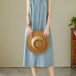 A-Line Sleeveless Buttoned Pleated Solid Color Round-Neck Midi Dresses