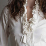 Vintage-Inspired White Ruffle Trim Blouse
