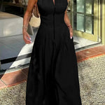 A-Line Loose Pleated Pockets Split-Joint Zipper Round-Neck Maxi Dresses