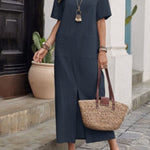 High Waisted Loose Pockets Solid Color Split-front Round-neck Midi Dresses