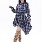 High-Low Irregularity Elasticity Plaid Lapel Collar Midi Dresses