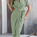 Bodycon Half Sleeves Buttoned Contrast Color Tied Waist Lapel Midi Dresses