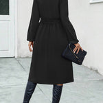 A-Line Long Sleeves Buttoned Solid Color Tied Waist Asymmetric Collar Midi Dresses