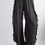 Solid Color Ruffled Elastic Waist Tie Loose Denim Flared Pants
