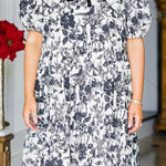 Black Floral Print Bow Detail Puff Sleeve Plus Size Midi Dress