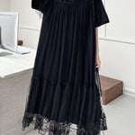 Fake Two-Piece Loose Gauze Pleated Solid Color Split-Joint Tiered Round-Neck Midi Dresses