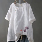 Women'S Embroidered Cotton And Linen O-Neck Button Short Sleeve Blouse
