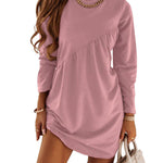 Casual Loose Long Sleeves Solid Color Round-Neck Mini Dresses