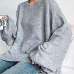 Stretch Mohair-Blend Balloon Sleeves Loose Solid Round-Neck Sweater Tops