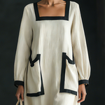 Women's Beige Cotton And Linen Blend Square-Neck Maxi Dress With Black Trim & Oversized Pockets