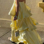Margovil Spaghetti Strap Ruffle Layered Satin Maxi Dress
