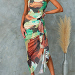 Ruched Drape Front Printed Bodycon Midi Cami Dress