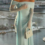 Margovil Off Shoulder Long Sleeves Knot Waist Draped Maxi Dress