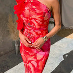 Margovil Ruffle One Shoulder Floral Print Bodycon Maxi Dress