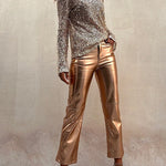 Metallic Faux Leather Straight Leg Cropped Pants