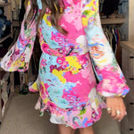 V Neck Long Sleeves Floral Print Ruffle Wrap Mini Dress