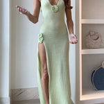 Margovil Halter V Neck Backless Slit Rose Applique Knit Maxi Dress
