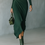 Women's Dark Green High-elastic Knitted High-neck Wrap Dress Midi Dress