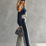 Casual Sportswear Patchwork One-shoulder Sweatshirt And Sweatpants Set