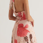 V Neck Halter Back Lace-up Floral Print Maxi Dress