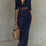 Margovil Long Sleeves Button Up Faux Suede Belted Maxi Dress